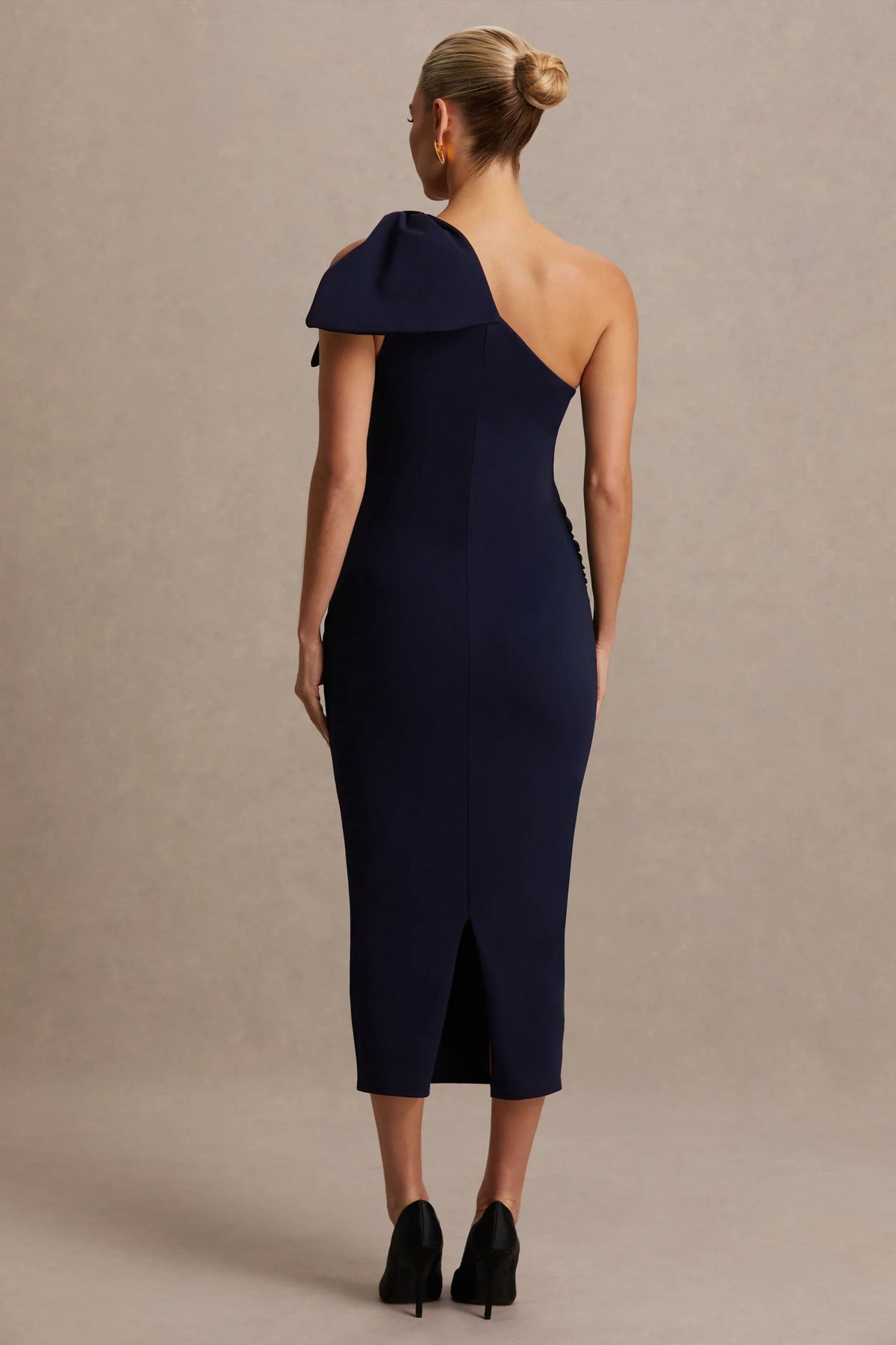 Adorn Navy Asymmetric Maternity Midi Dress With Shoulder Bow Detail
