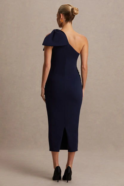 Adorn Navy Asymmetric Maternity Midi Dress With Shoulder Bow Detail