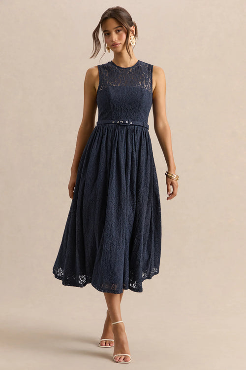Anabella Navy Lace Crew Neck Belted Midi Dress