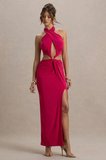Aura Hot Pink Halter Neck Cut Out Split Maxi Dress