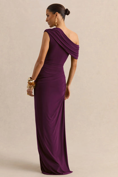 Avialee Dark Plum Asymmetric Neck Maxi Dress With Gathered Detailing And Sash