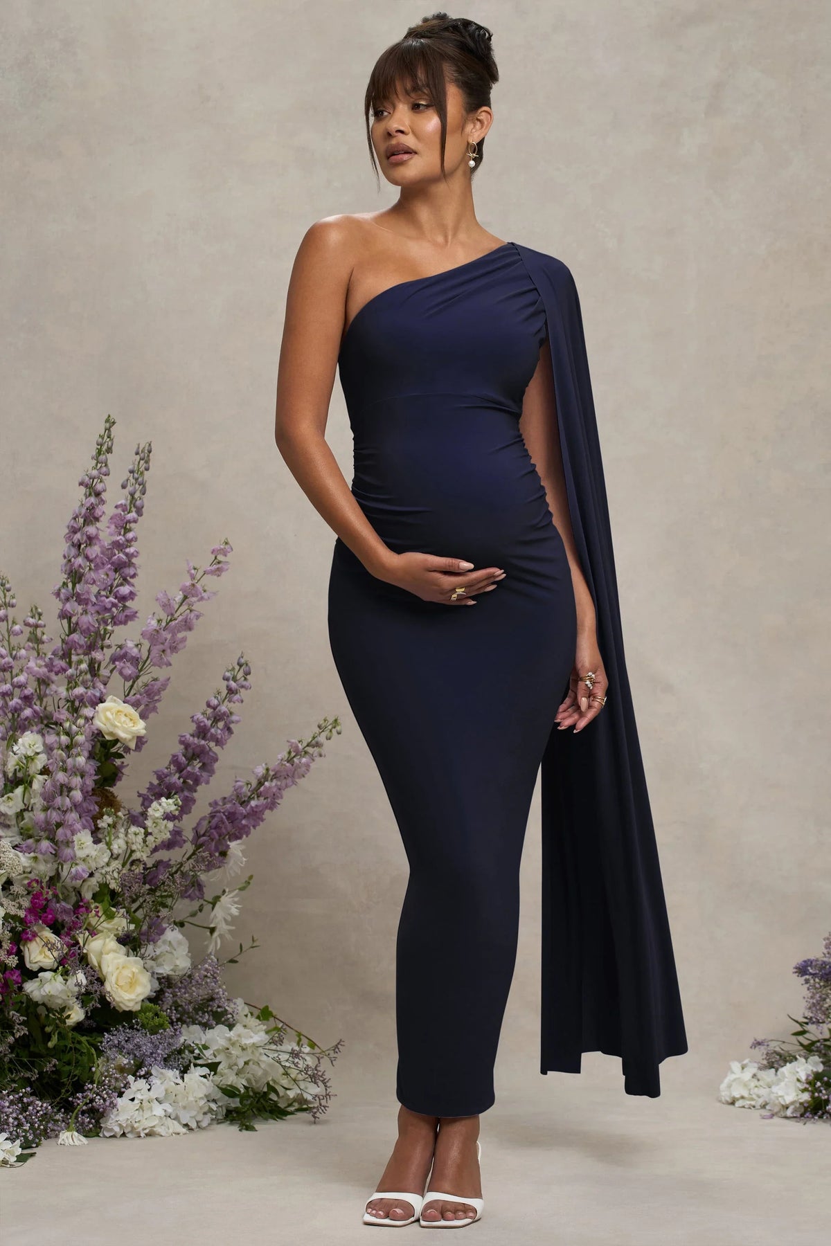 Amaryllis Navy Maternity One Shoulder Maxi Dress with Cape Sleeve