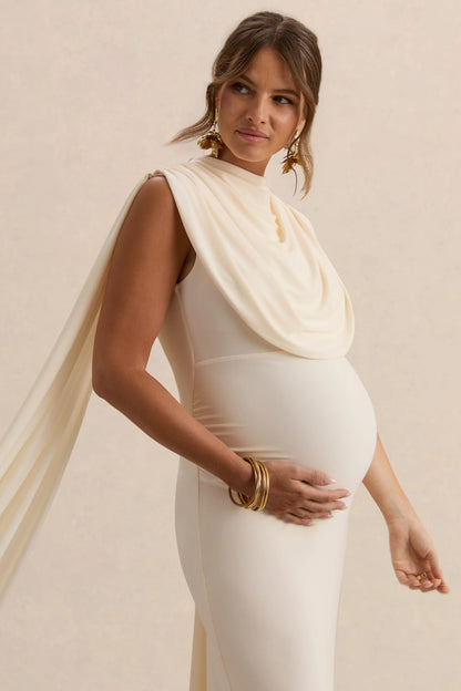 Belva Cream Round Neck Maternity Maxi Dress With Cape Detail