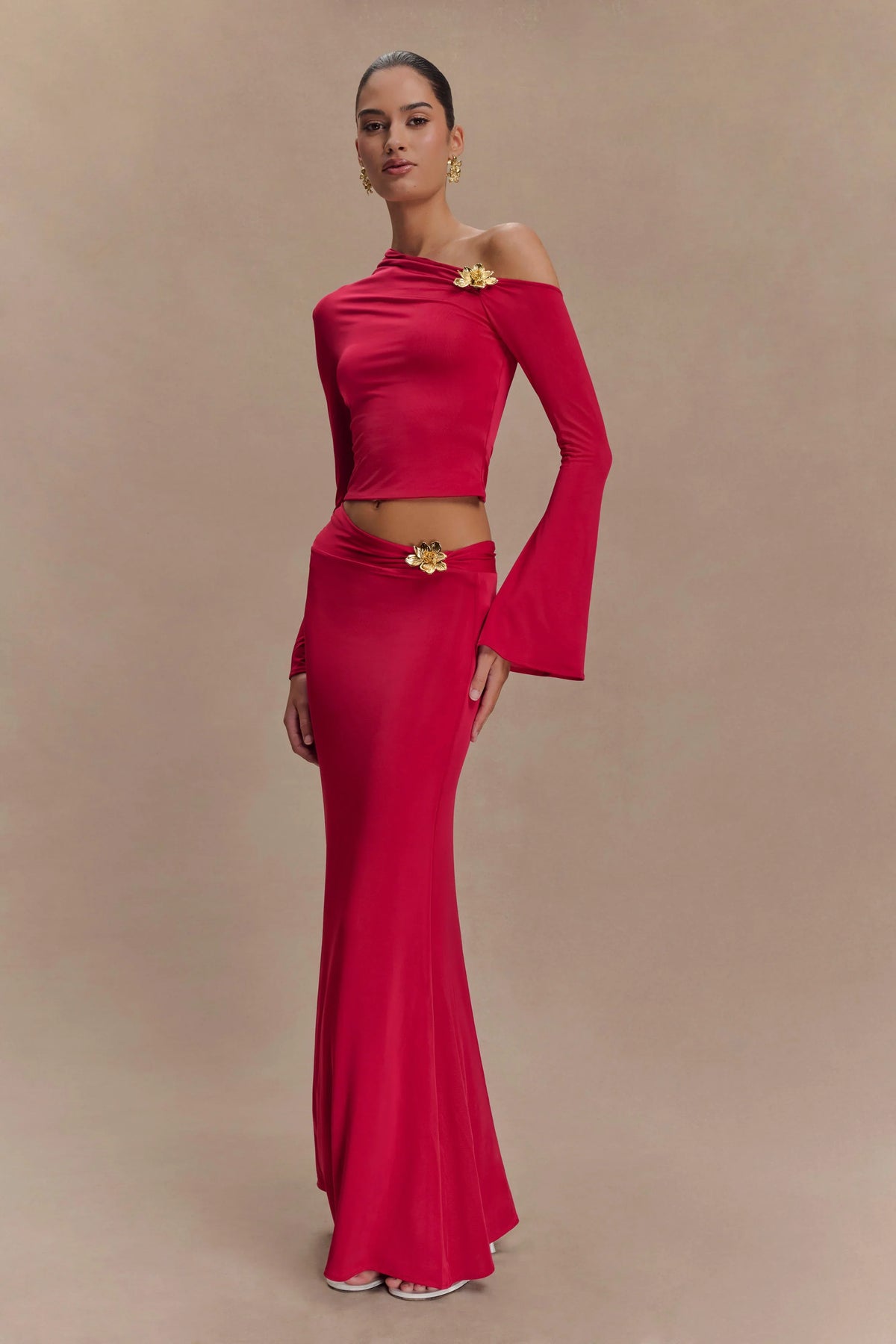Ainsley Asymmetrical Maxi Skirt With Floral Hardware Fuchsia Pink
