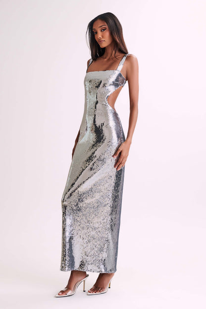 Adoria Sequin Cut Out Maxi Dress Silver