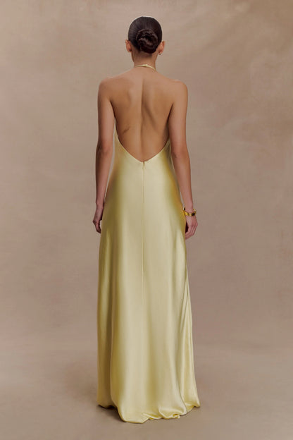 Bella Satin Halter Maxi Dress Lemon