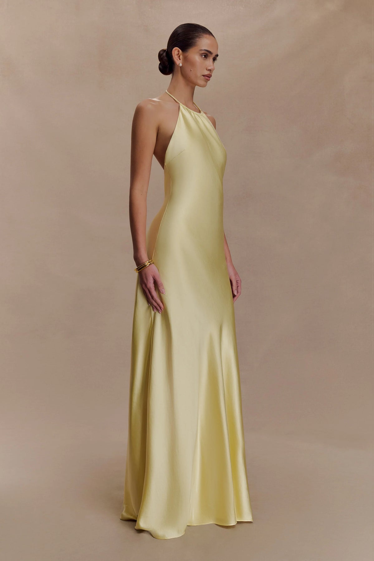 Bella Satin Halter Maxi Dress Lemon