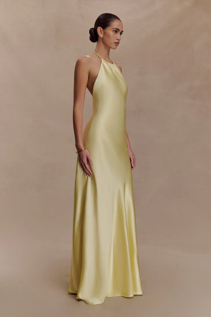Bella Satin Halter Maxi Dress Lemon