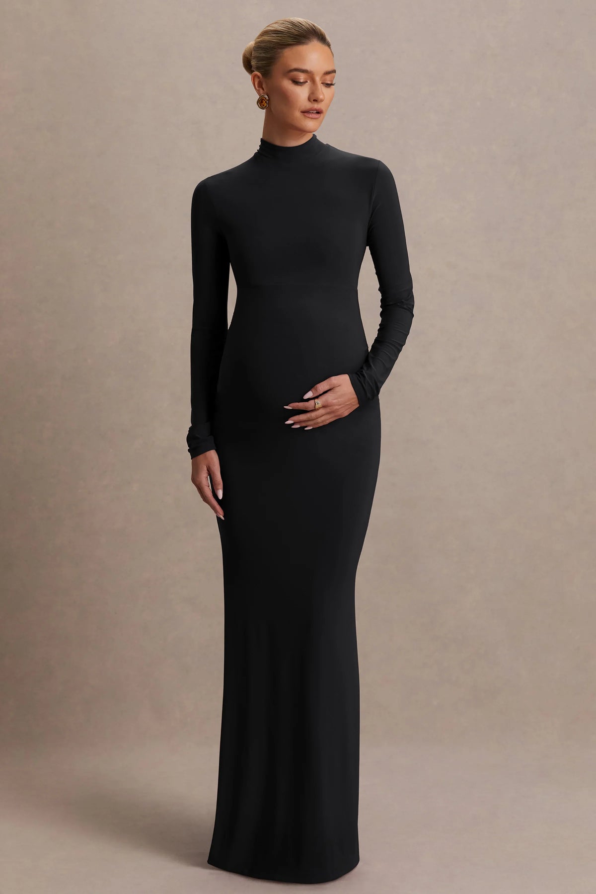 Alejandra Black Maternity Long Sleeve High Neck Maxi Dress