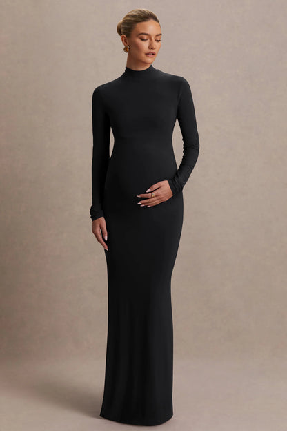 Alejandra Black Maternity Long Sleeve High Neck Maxi Dress