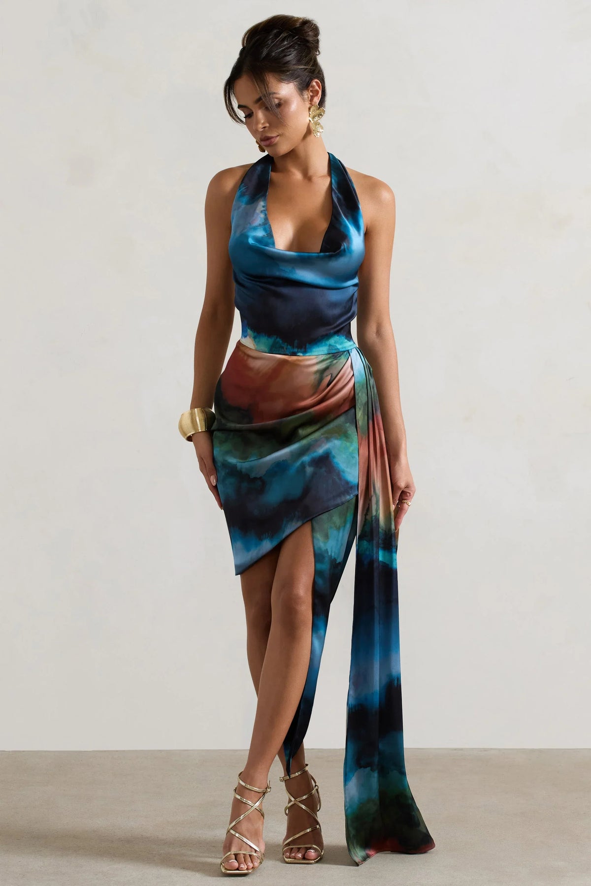 Bali Blue Blur Print Satin Cowl Neck Draped Midi Dress