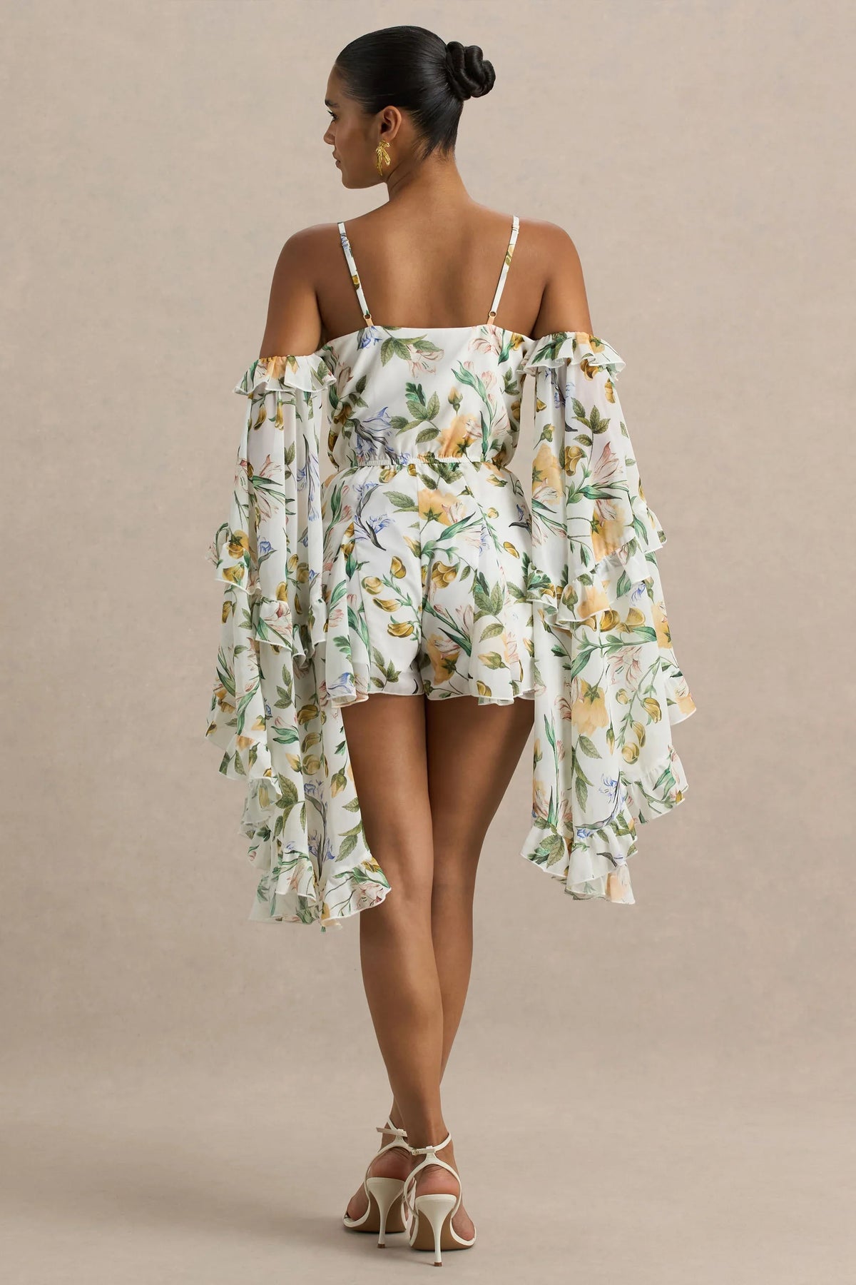 Anaya Lemon Floral Print Chiffon Playsuit With Long Sleeves