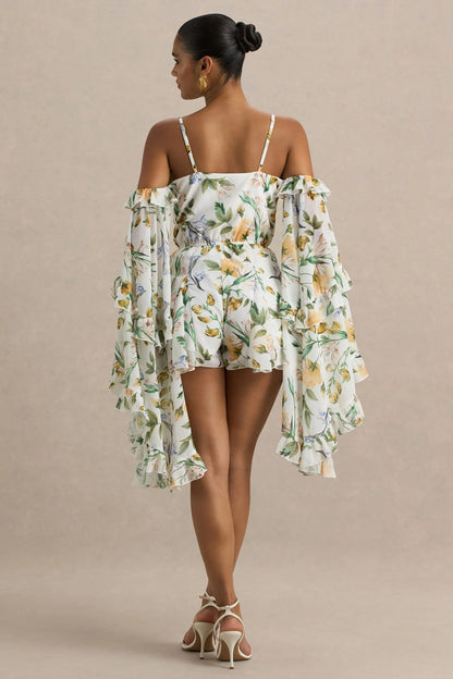 Anaya Lemon Floral Print Chiffon Playsuit With Long Sleeves