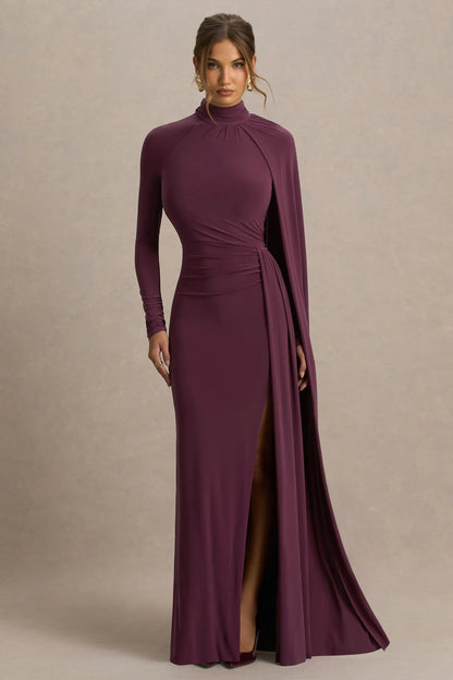 Anticipation Burgundy High Neck Maxi Dress With Front Split And Ruched Detailing