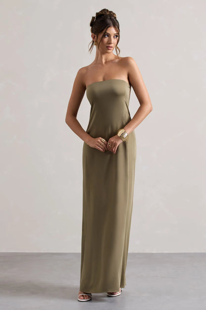 Azra Olive Satin Bandeau Maxi Dress