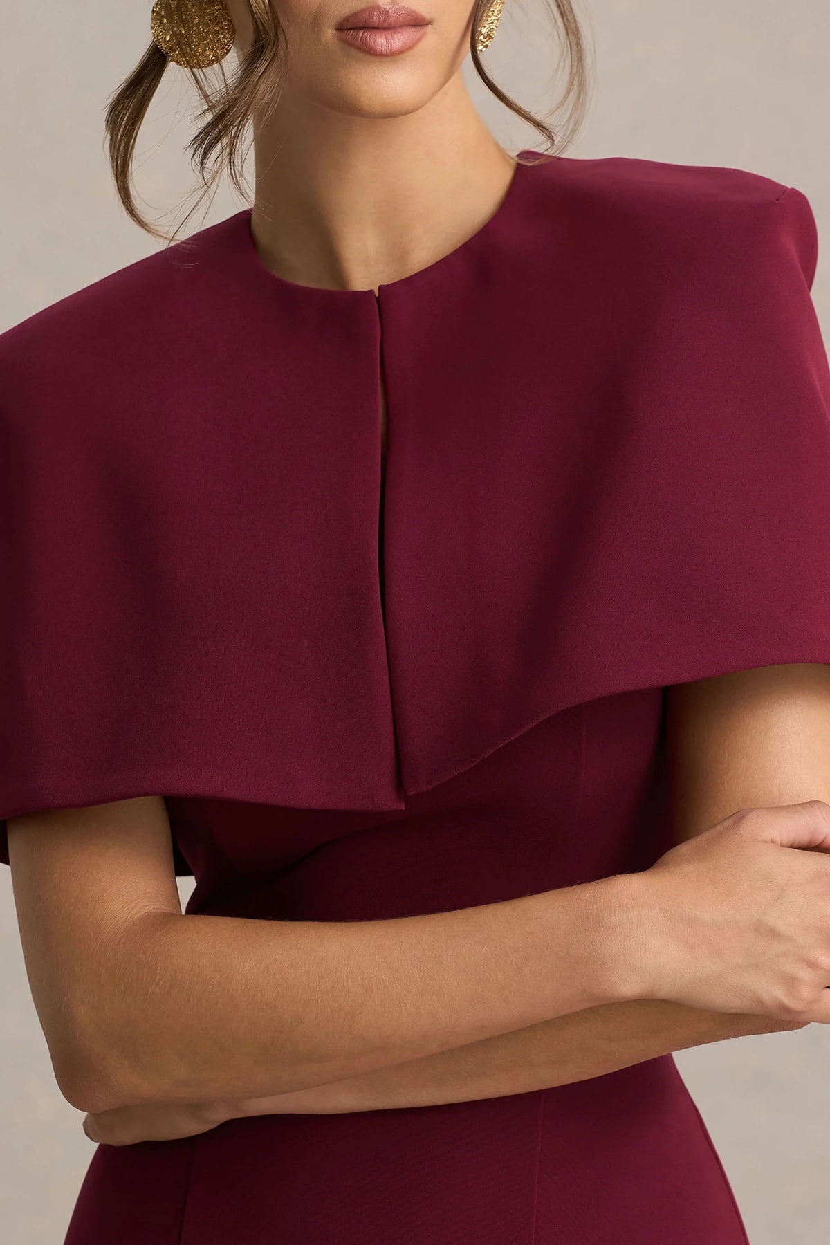 Baylor Burgundy Midi Dress With Removable Cape