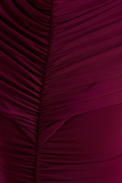 Azaria Burgundy High Neck Maxi Dress With Ruched Detailing