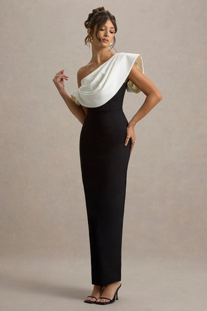 Angelina Black White Draped Shoulder Maxi Dress