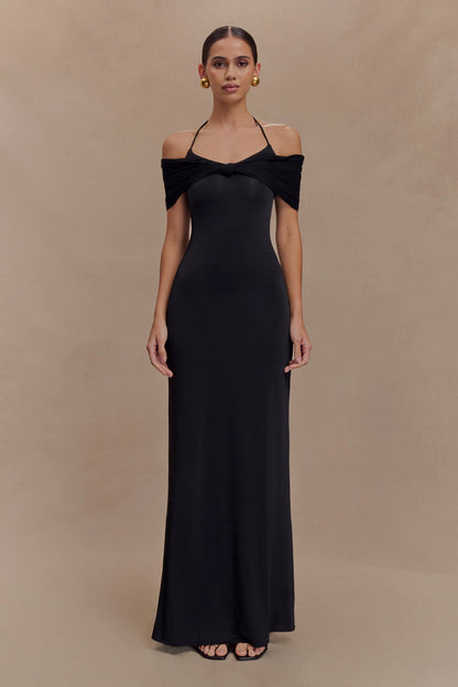 Bernadina Mesh And Slinky Halter Maxi Dress Black