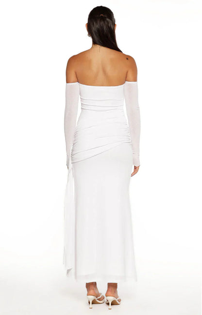 Breanna White Long Sleeve Ruched Maxi Dress