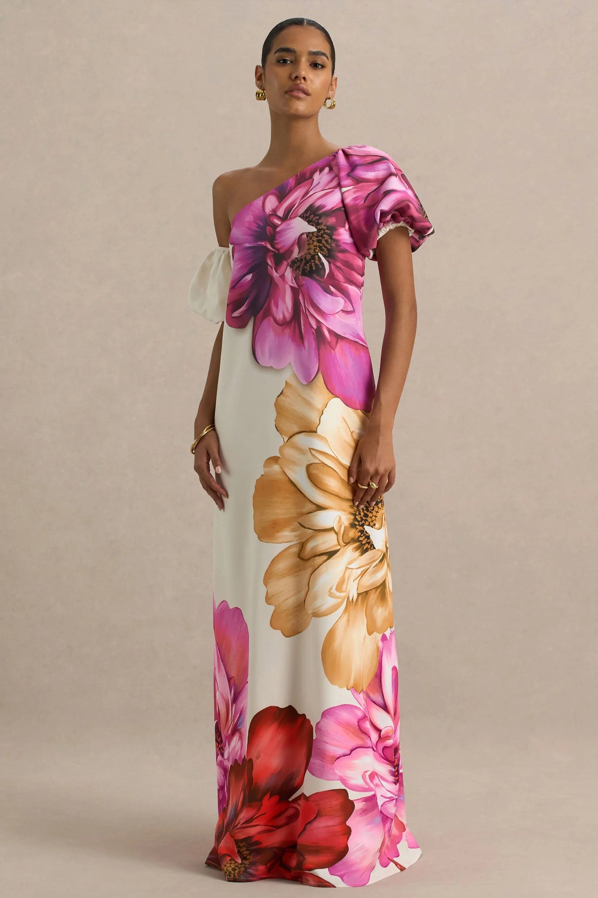 Anastasia Large Multi Floral Print Asymmetric Neck Maxi Dress