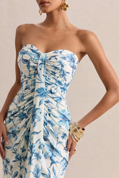 Ali Blue Porcelain Print Sweetheart Ruched Wrap Maxi Dress