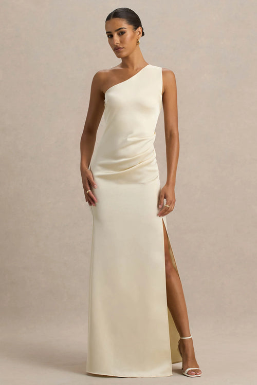 Beth Pale Lemon Asymmetric Neckline High Split Maxi Dress