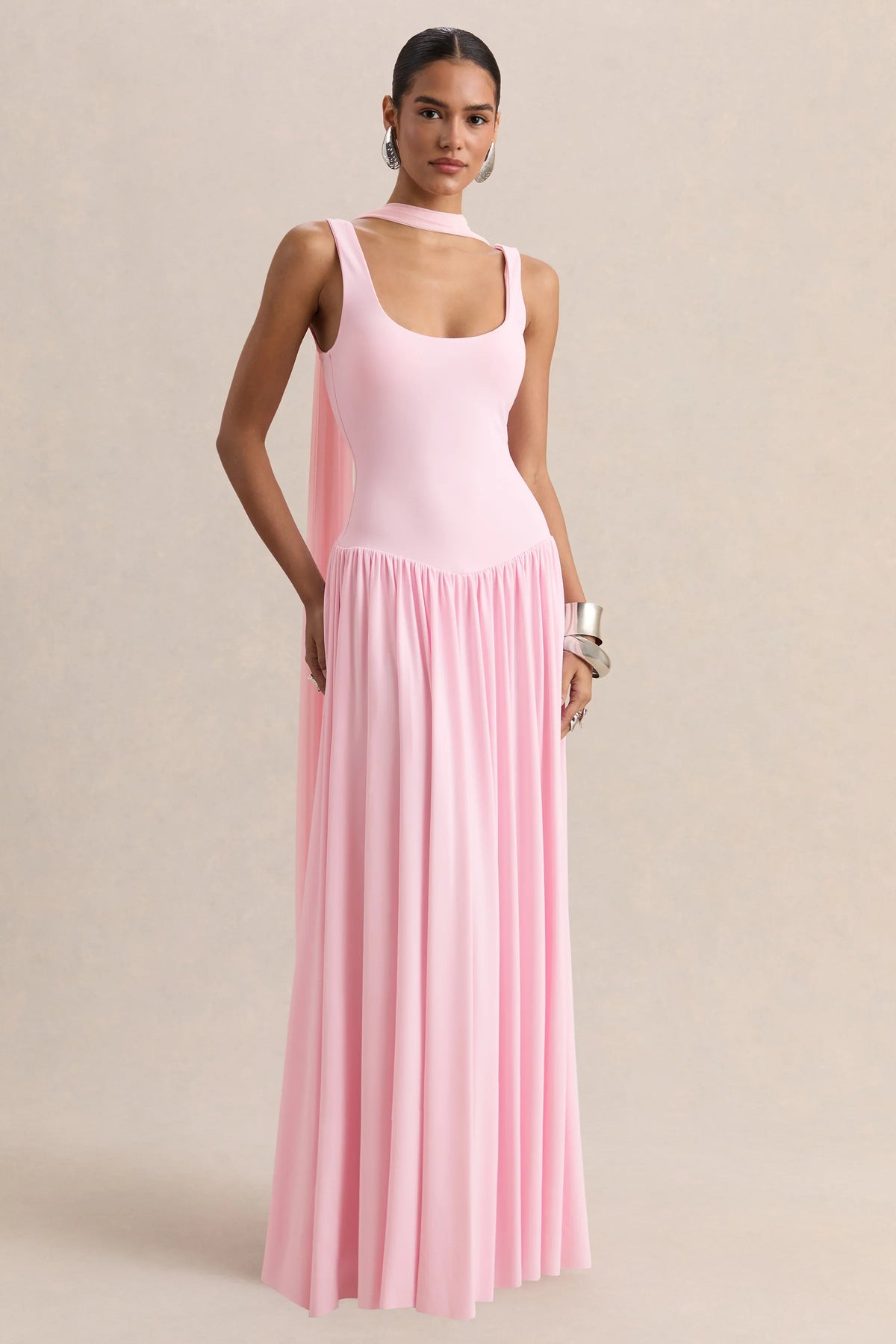 Aurina Pink Square Neck Maxi Dress With Scarf Detail