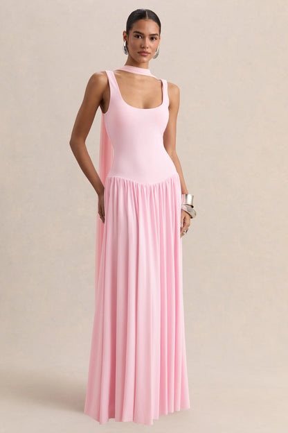 Aurina Pink Square Neck Maxi Dress With Scarf Detail