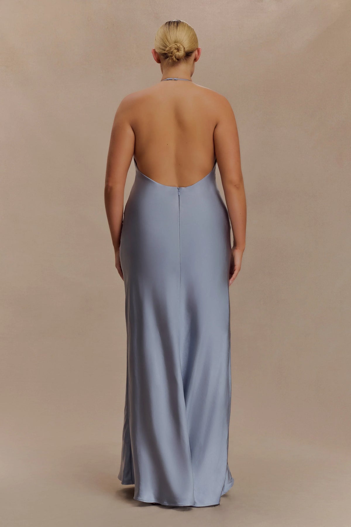 Bella Satin Halter Maxi Dress Frosted Blue