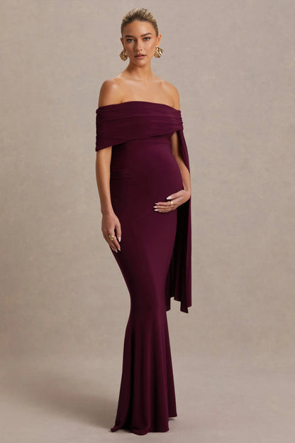 Aquila Burgundy Bardot Maternity Maxi Dress With Draped Detail
