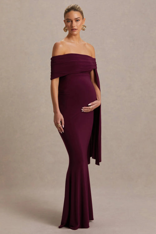 Aquila Burgundy Bardot Maternity Maxi Dress With Draped Detail