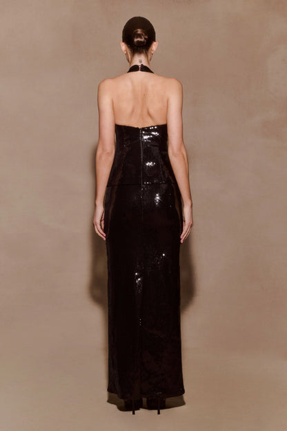 Bertie Sequin Peplum Halter Maxi Dress Black