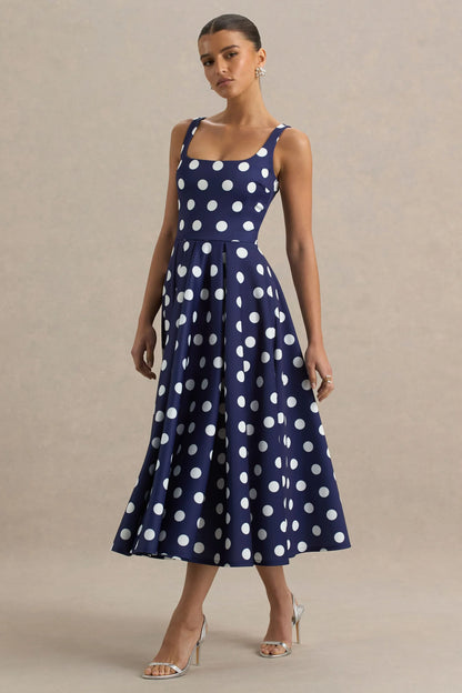 Berta Navy And White Polka Dot Square Neck Midi Dress
