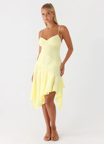 Aysha Beaded Flower Midi Dress Yellow