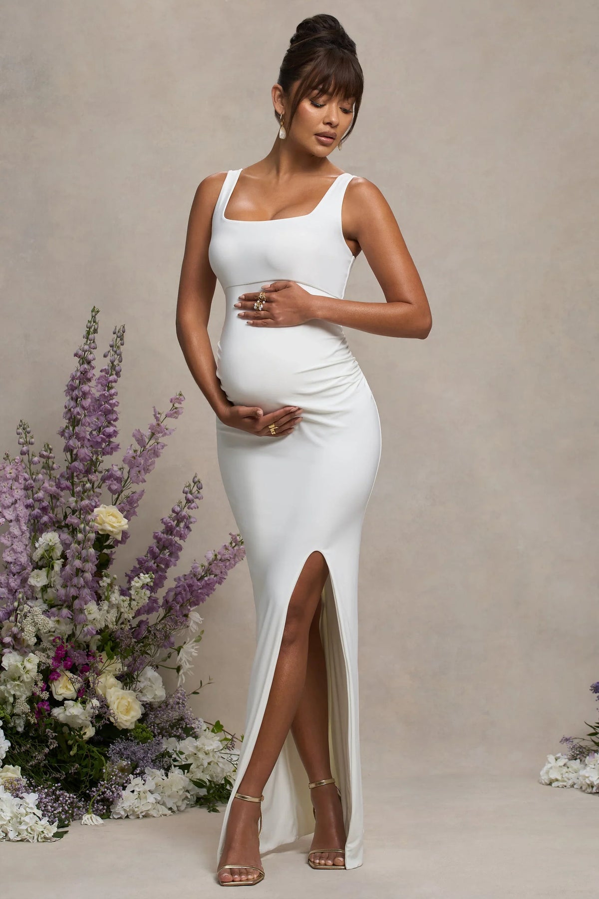 Avril White Square Neck Maternity Maxi Dress with Split