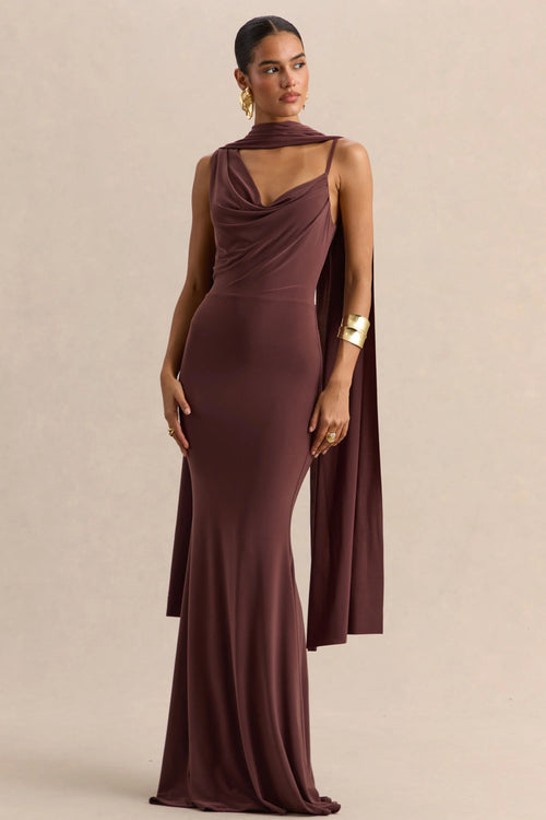 Armelia Brown Cowl Neck Maxi Dress With Scarf Detail