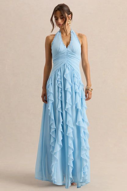 Bea Powder Blue Plunge Neck Ruffled Maxi Dress