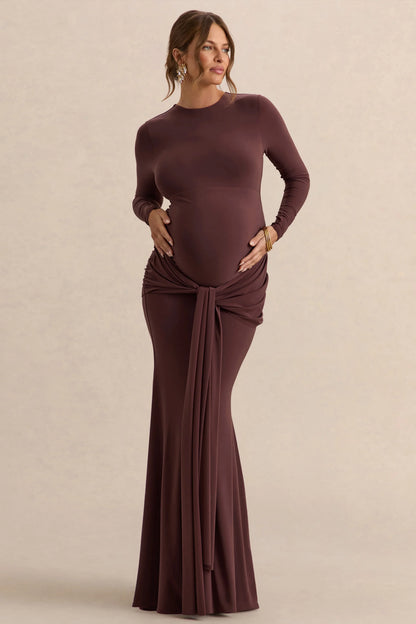 Aveny Brown Crew Neck Maternity Maxi Dress With Ruched Detailing And Sash