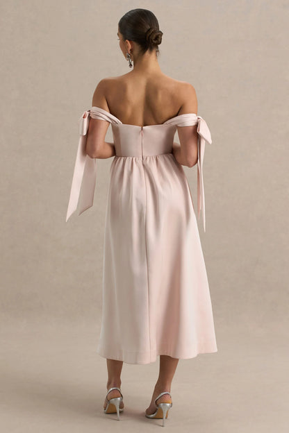 Agafay Rose Pink Satin Short Sleeve Bardot Wrap Midi Dress With Bow Detail