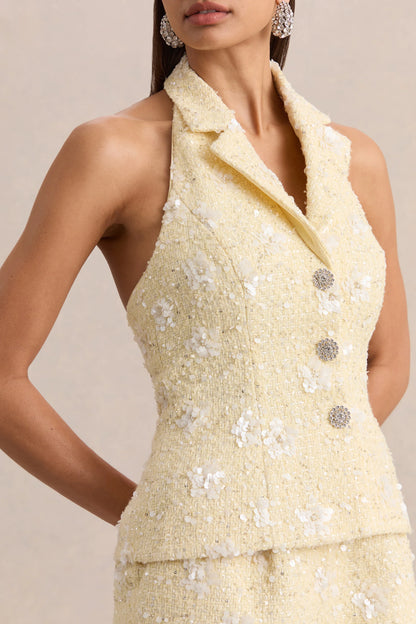 Alba Lemon Boucle Plunge Neck Crop Top