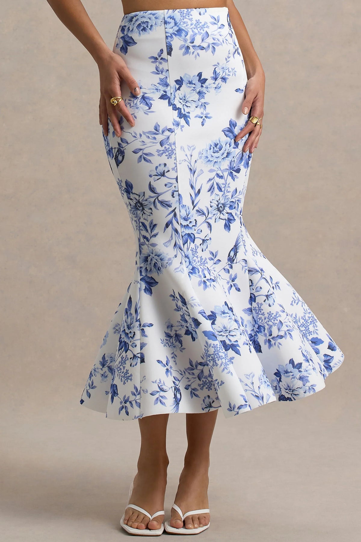 Amadea Blue Porcelain Print Fishtail Midi Skirt