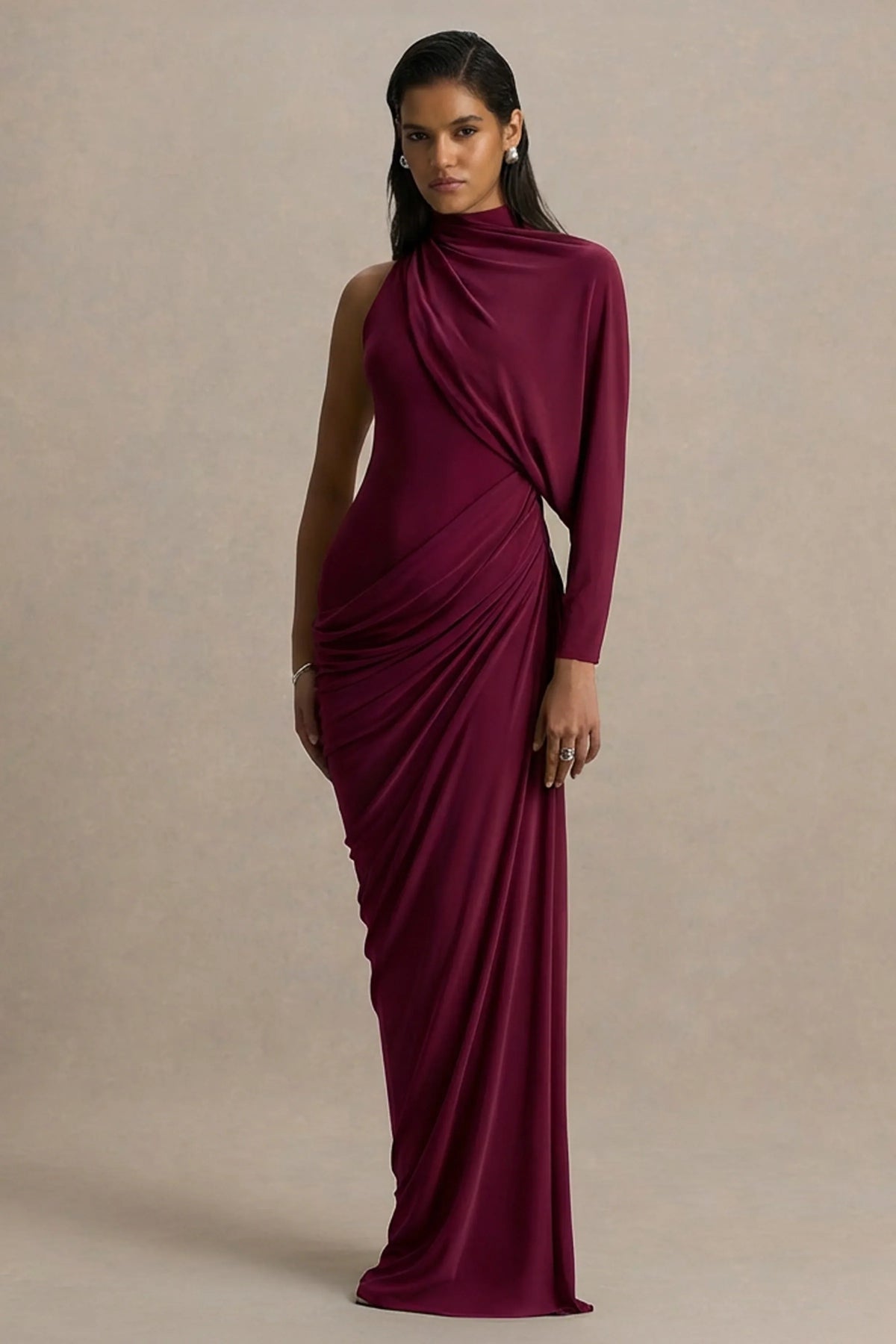 Aphra Burgundy High Neck Maxi Dress With Cape Sleeve