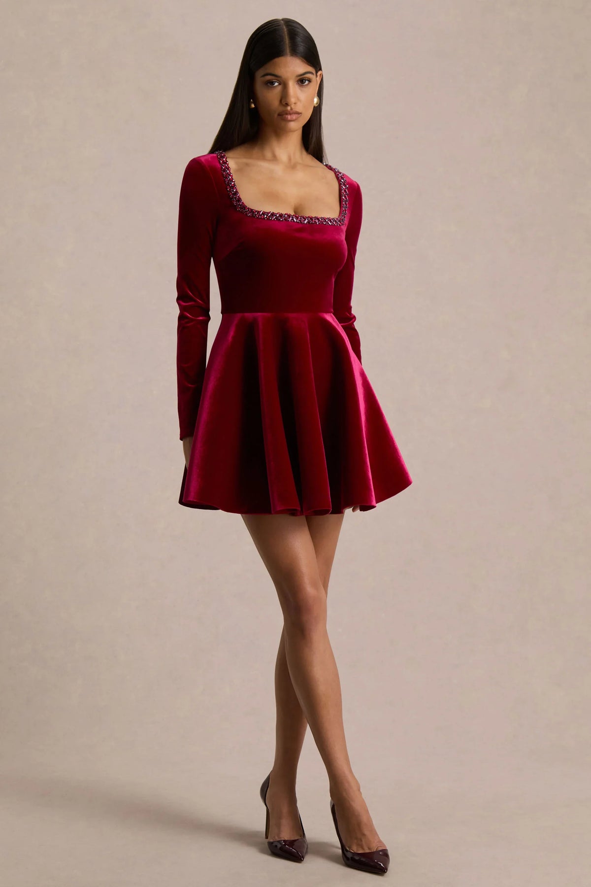 Beloved Red Velvet Hand Embellished Square Neck Mini Dress