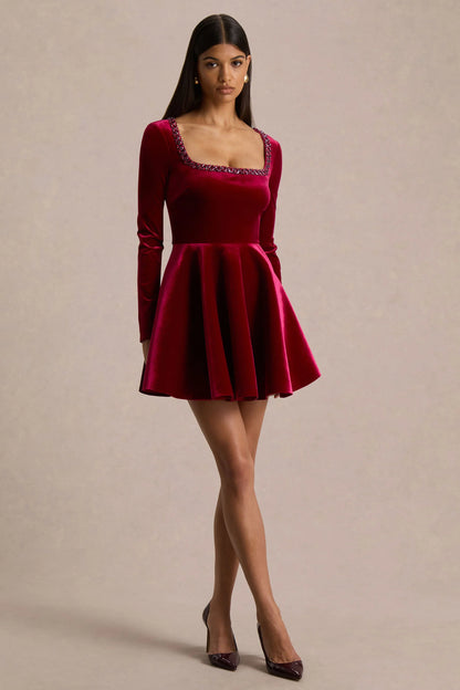 Beloved Red Velvet Hand Embellished Square Neck Mini Dress
