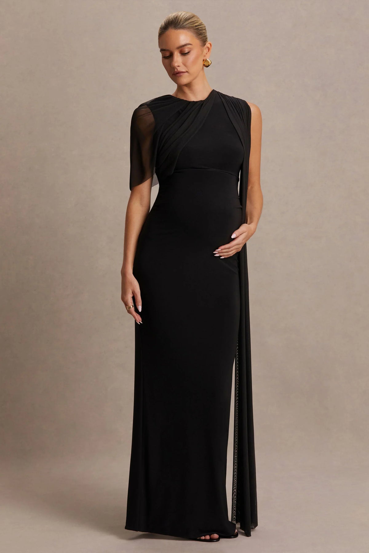 Amelise Black High Neck Maternity Maxi Dress With Mesh Cape Sleeve And Sash Detail