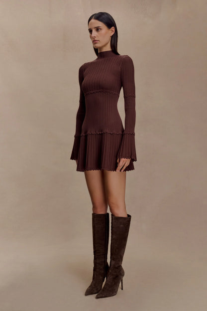 Adena Pointelle Knit Mini Dress Chocolate