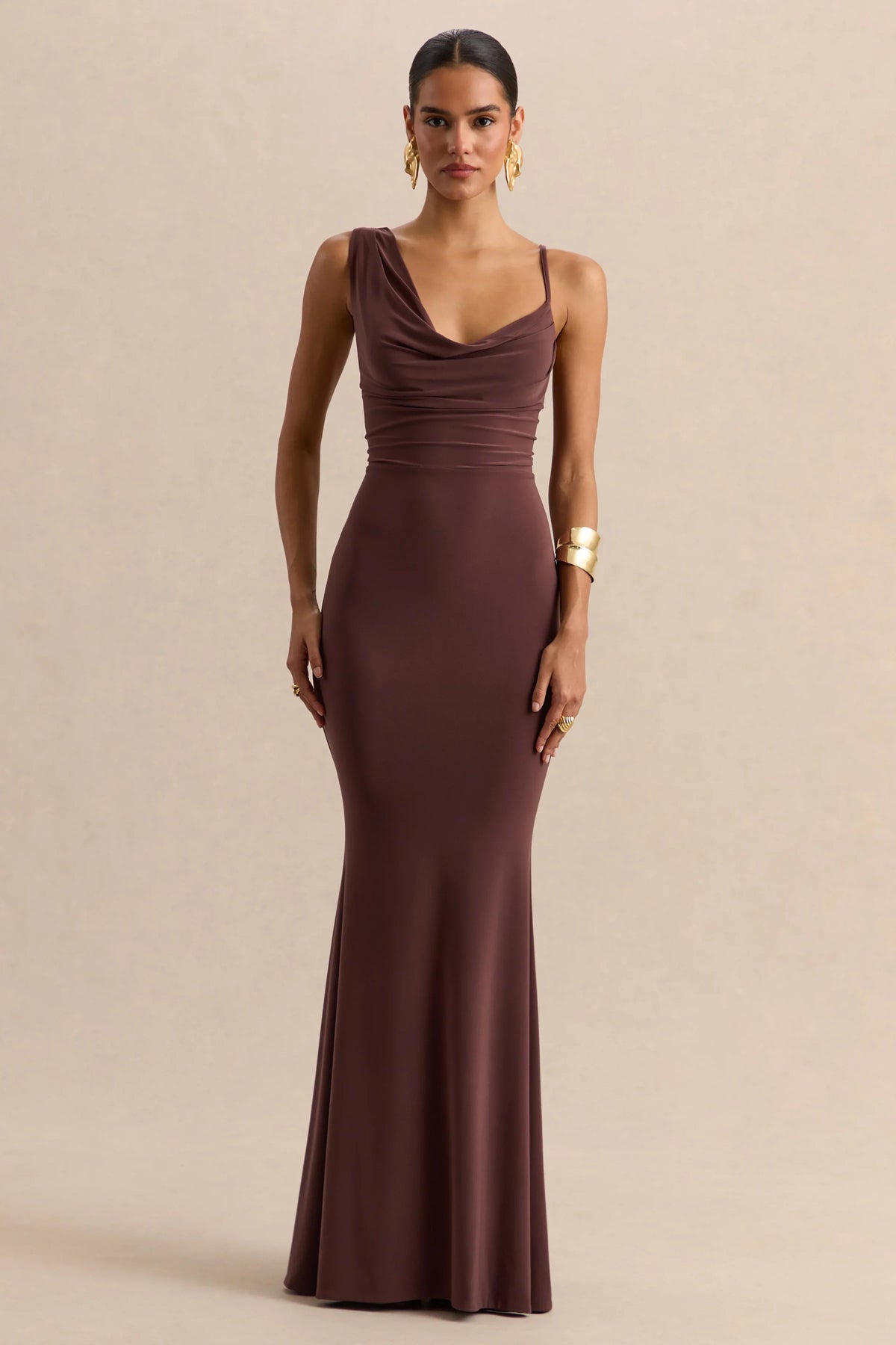 Armelia Brown Cowl Neck Maxi Dress With Scarf Detail