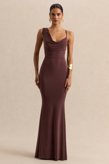 Armelia Brown Cowl Neck Maxi Dress With Scarf Detail