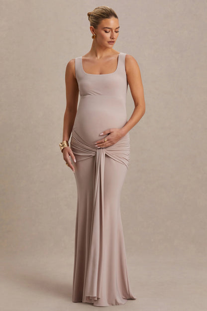Baylin Nude Square Neck Maternity Maxi Dress With Ruched Detailing And Sash